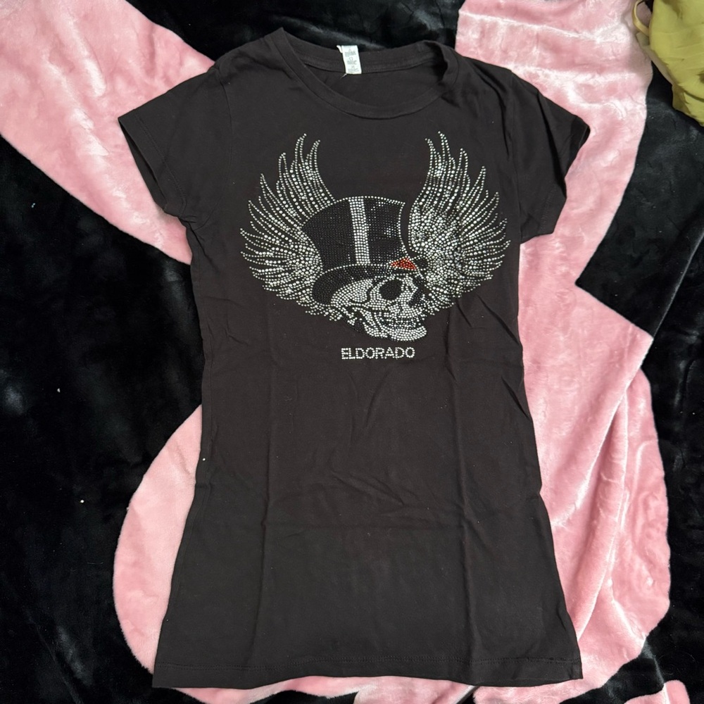 Black Graphic Tee with Skull and Wings Design